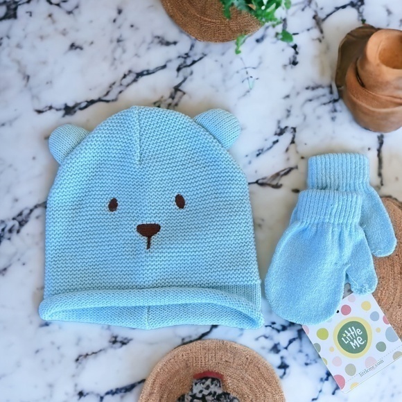 Little Me NWOT Size 12-24 Months Blue Knit Hat and Mittens Set - Picture 1 of 7